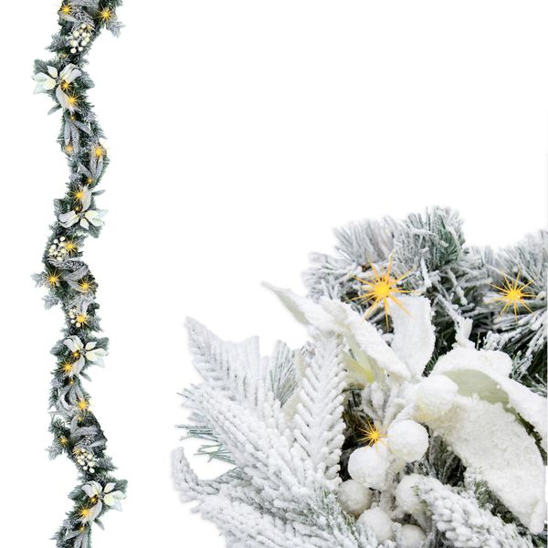 3.12.A12 Ghirlanda Natalizia Con Neve E Fiori Bianchi - Illuminata 50 Led / Batteria / Timer - Lunghezza: 274 Cm (HSG20-274)-image