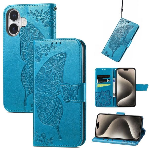 Per Apple Iphone 16 Portafoglio In Pelle Finta Custodia Per Cellulare Con Design A Farfalla Blu-image