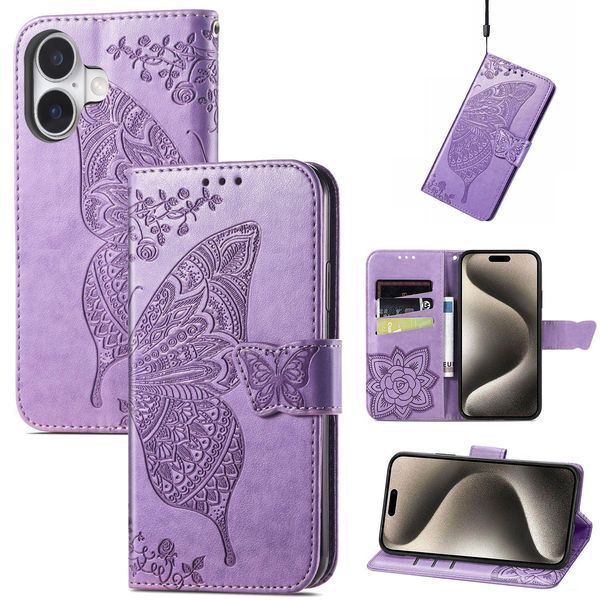 Per Apple Iphone 16 Plus Portafoglio In Custodia Per Cellulare Con Design A Farfalla Viola Chiaro-image