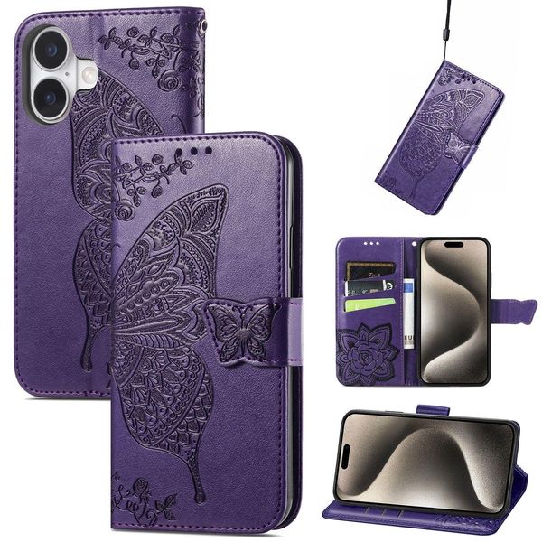 Per Apple Iphone 16 Portafoglio In Pelle Finta Custodia Per Cellulare Con Design A Farfalla Viola-image