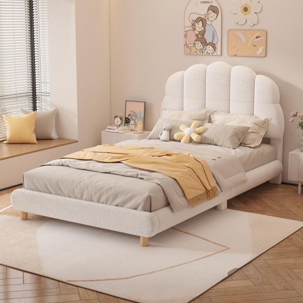Fortuna Lai Letto Imbottito 90X200Cm Peluche Con Simpatica Testata E Rete A Doghe Letto Singolo Letto Per Bambini Per Donne Letto Per Ragazzi, Bianco-image