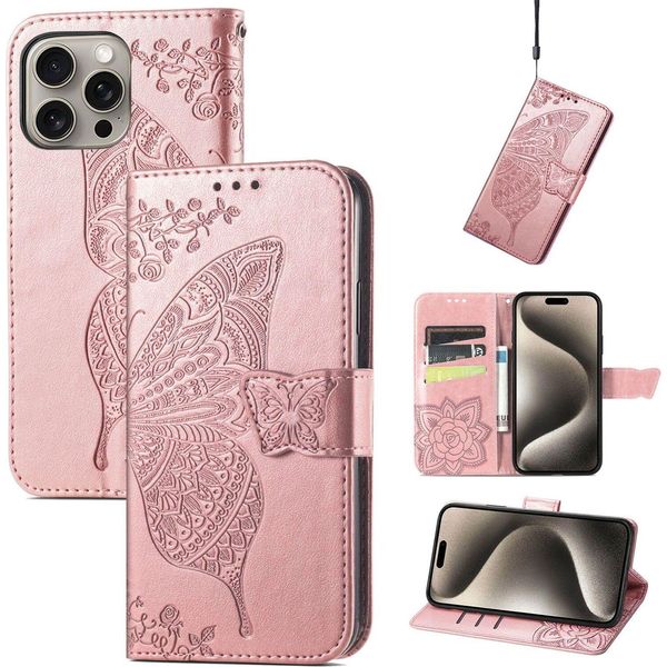 Per Apple Iphone 16 Pro Portafoglio In Custodia Per Cellulare Con Design A Farfalla Rosa-image