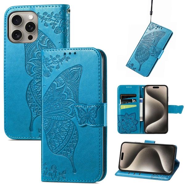 Per Apple Iphone 16 Pro Max Portafoglio In Custodia Per Cellulare Con Design A Farfalla Blu-image
