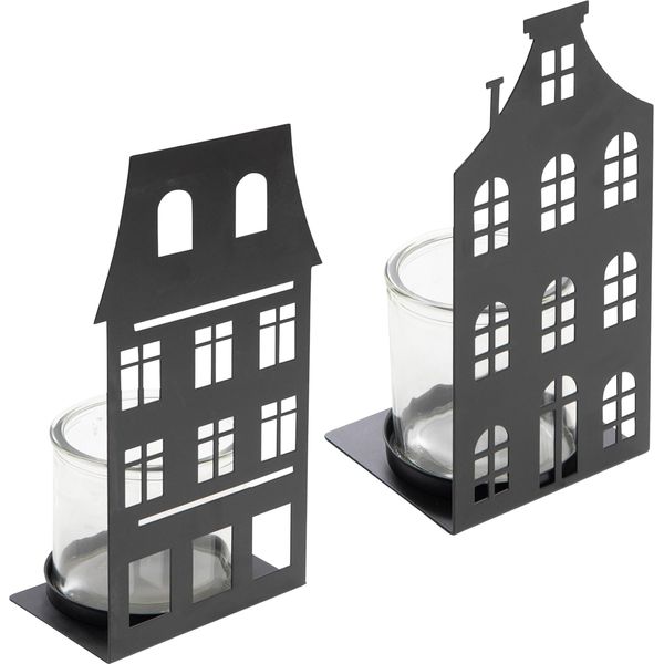 Casetta Luminosa Con Inserto In Vetro - Set Di 2 / Ciascuna Circa 28 X 12 Cm - Colore: Nero-image