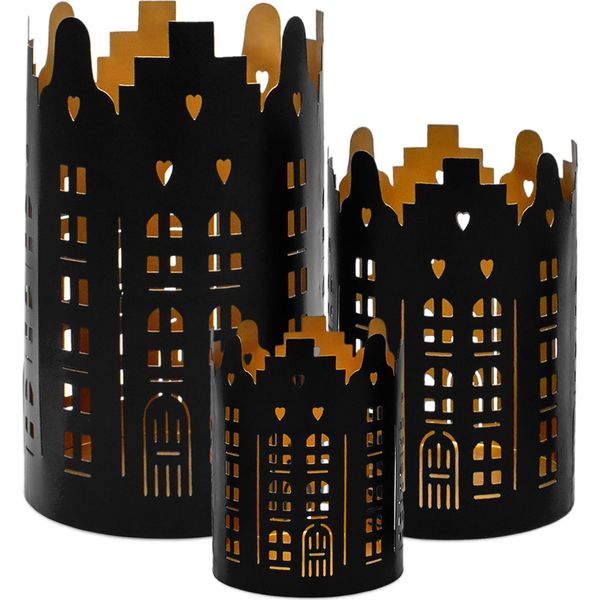 Set Di 3 Lanterne In Metallo - Motivo: Case - Metallo / Circa 20, 15, 10 Cm - Colore: Nero-image