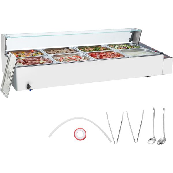 Scaldavivande Commerciale Vevor Con 8 Contenitori (8 Qt / 1/2 Misura Ciascuno), Tavolo A Vapore Elettrico Con Copertura In Vetro, Piano Di Lavoro Da 1700 W, Buffet A Bagnomaria, Controllo Della Temperatura Da 30 A 85 °C-image