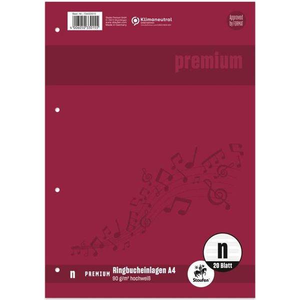 10X Staufen® 734033015 Inserto Per Raccoglitore Ad Anelli Premium Notazione Musicale - A4, 90 G/M², 20 Fogli-image