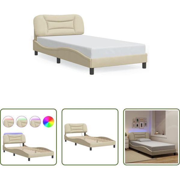 The Living Store Struttura Letto Con Led Crema 100X200 Cm In Tessuto-image