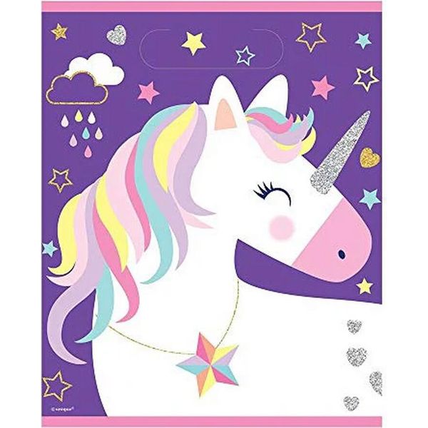 Unique Party - Sacchetti Per Feste Unicorno Confezione Da 8 SG36696 (Taglia Unica) (Viola/Bianco)-image