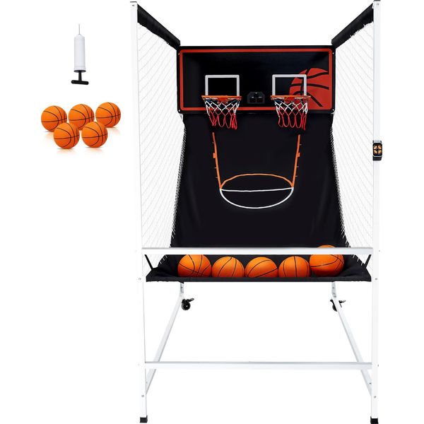 Succebuy Gioco Di Basket In Gabbia Arcade, Sport Indoor A 2 Giocatori, 5 Palloni, 8 Modalità, Tabellone, Pompa Ad Aria, Per Bambini E Adulti (Bianco E Nero)-image