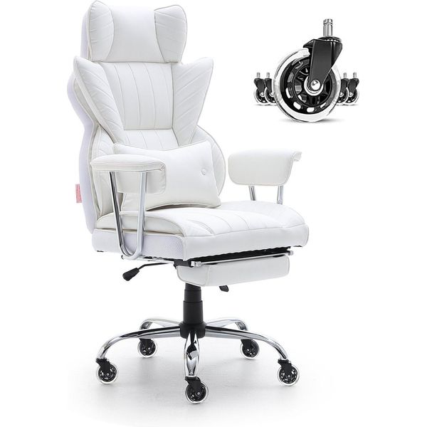 Sedia Da Ufficio Sedia Direzionale In Finto Cuoio Bianca Con Poggiapiedi, Sedia Girevole Da Scrivania Regolabile In Altezza 0-80 Mm, Portata 181,43 Kg, Sedia Direzionale Da Ufficio 860 X 610 Mm Schienale Girevole-image