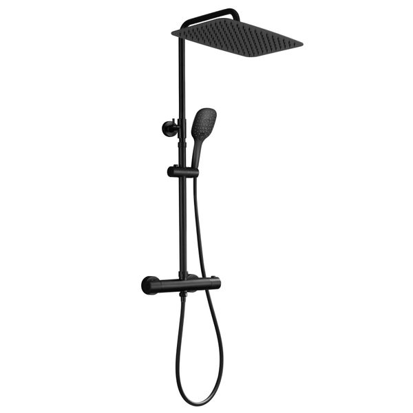 Joho Colonna Doccia Miscelatore, Saliscendi Altezza Doccia Regolabile Set Termostatico Sistema Pioggia Set Soffione Silicone Doccetta Nero 35X25Cm-image
