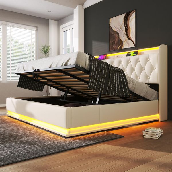 Letto Imbottito Flieks 180X200Cm Con Funzione Di Ricarica (Usb&Typ-C), Letto Giovanile Letto Matrimoniale Letto Contenitore Con Led, Letto A Molle Idrauliche, Pu, Bianco-image