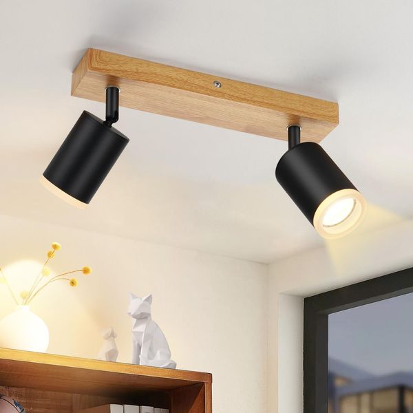 Zmh Faretto Da Soffitto Nero A 2 Fiamme - Lampada Da Cucina GU10 Faretto Da Parete In Legno 350°Rotativo Faretto Da Corridoio Vintage Retro Industriale Senza Lampadine-image