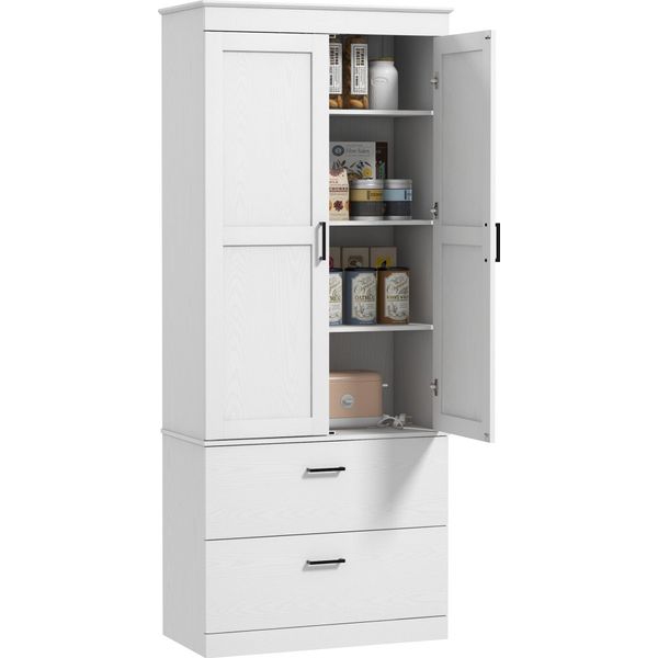 Homcom Mobiletto Da Cucina, Mobile Alto Con Ripiano Regolabile, Cassetto, Mobile Buffet Mobiletto Portaoggetti Con Vetrina In Stile Country Per Sala Da Pranzo Cucina 75X39X178 Cm Bianco-image