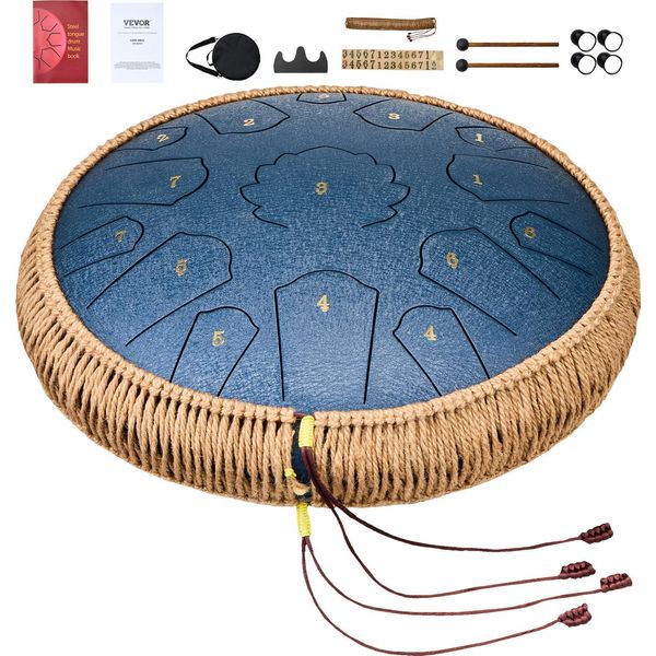 Succebuy Tamburo A Lingua In Acciaio, 14 Pollici E 15 Toni, Tamburo Per La Pioggia Per Il Giardino, D Maggiore, Con 2 Mazze E Borsa Per Il Trasporto, Tamburo Handpan Per Lezioni Di Musica E Yoga, Blu Navy-image