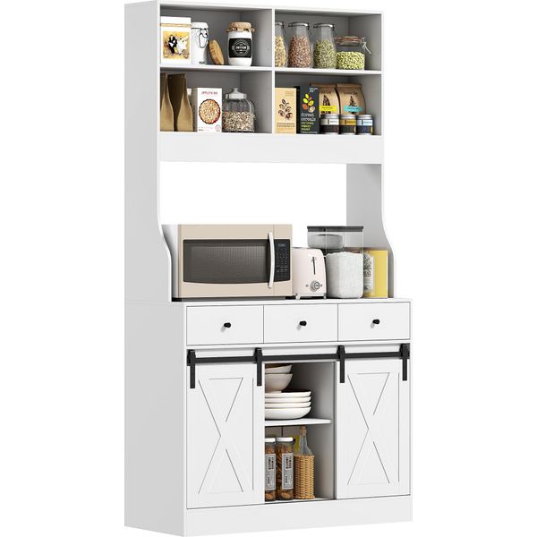 Homcom Mobile Da Cucina, Mobile Alto Con Piano Di Lavoro, Mobile Buffet Con Ante Scorrevoli, 3 Cassetti, Ripiani Regolabili, Mobile Contenitore Per Cucina Sala Da Pranzo 93,5X40X180 Cm Bianco-image