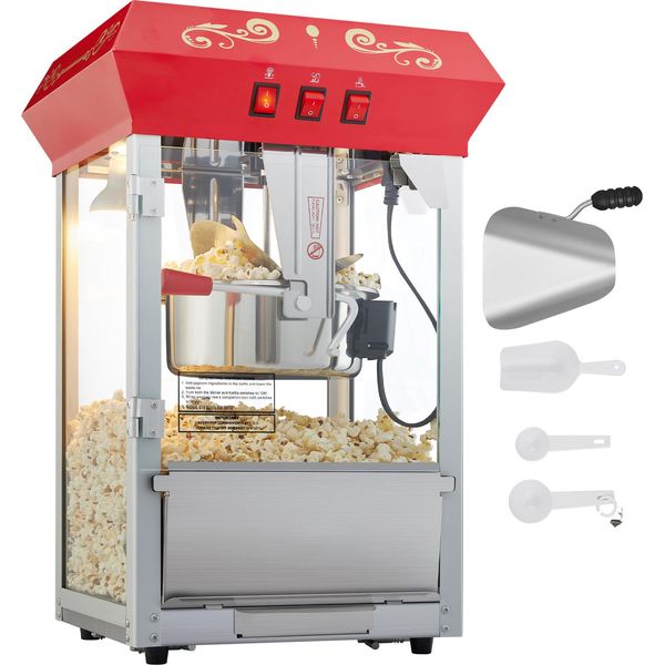 Succebuy Macchina Per Popcorn 850 W, Macchina Per Popcorn Con Bollitore Da 237 Ml, Produce 48 Tazze Per Carico, Macchina Per Popcorn Da Banco Con Vetro Temperato, Incl. 4 Palette, Stile Cinema, Rossa-image