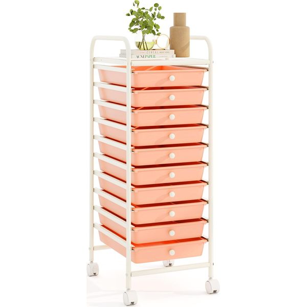 Carrello Costway Con 10 Cassetti Impilabili, Contenitore Per Rotoli, Carrello Da Bagno, Scaffale Da Bagno, Carrello Laterale, Struttura In Metallo, Rosa Chiaro-image
