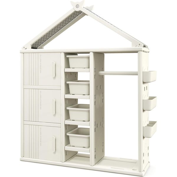Scaffale Per Bambini Costway, Scaffale Per Bambini, Scaffale Per Giocattoli Con Appendiabiti, Ripiani, Cestini Laterali E 4 Contenitori, Armadio Per Giocattoli, Bianco-image