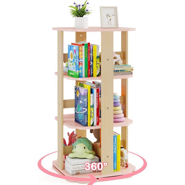 Costway Libreria Per Bambini Girevole A 360°, Scaffale Per Giocattoli A 3 Livelli Con 12 Scomparti, Libreria Angolare Autoportante, 48X48X95,5 Cm Rosa-image