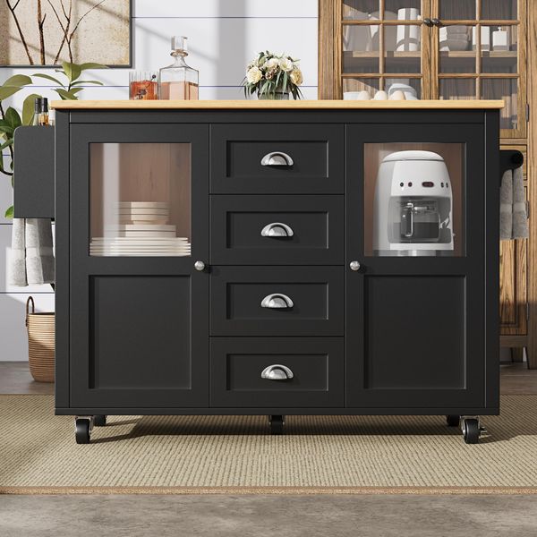 Carrello Di Servizio Flieks Con Piano Di Lavoro Pieghevole, Isola Da Cucina Moderna 120X45-73X93 Cm, Carrello Da Pranzo Multifunzionale Con Anta In Vetro, Nero-image