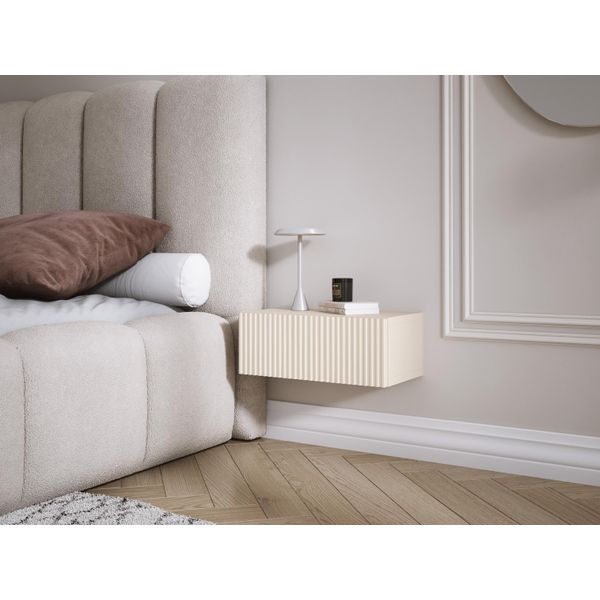 Comodino Sospeso Con Cassetto - Fronte A Doghe - Colore: Cashmere, 40 X 20 X 16 Cm-image