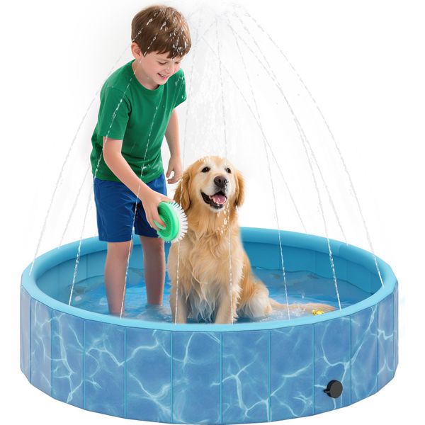 Piscina Per Cani Pawhut Piscina Pieghevole Con Fontana E Cuscino D'acqua Ø120 X 30 Cm Vasca Per Cani Antiscivolo Piscina Piscina Per Cani E Gatti-image