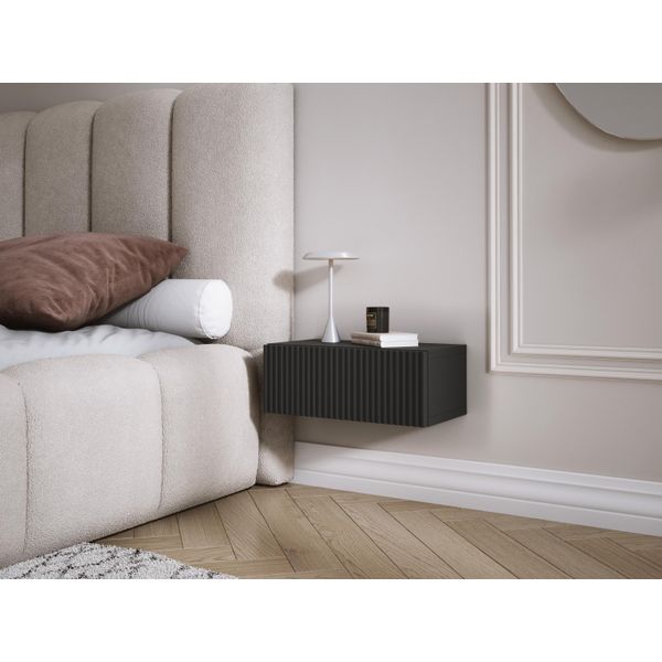 Comodino Sospeso Con Cassetto - Fronte A Doghe - Colore: Nero, 40 X 20 X 16 Cm-image