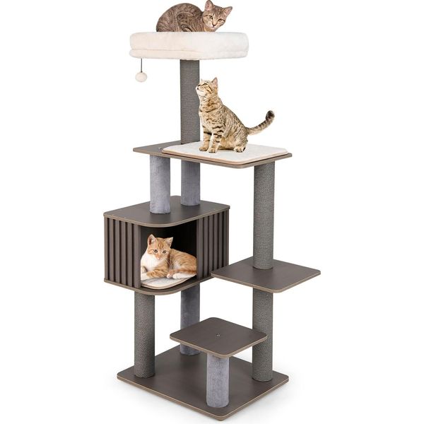 Costway Tiragraffi Grande 151 Cm, Albero Per Gatti Con Piattaforme, Grotta Per Gatti, Tiragraffi, Palla E Tappetini Rimovibili, Tiragraffi Per Gatti Albero Per Gatti Grigio-image