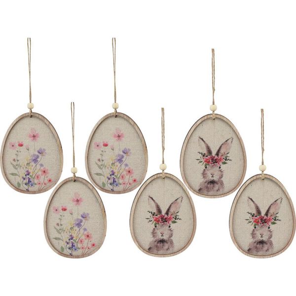 Immagine Fiore Coniglietto In Uovo Decorazione Pasqua Appendino Legno 9,5×12 Cm Set Di 6-image