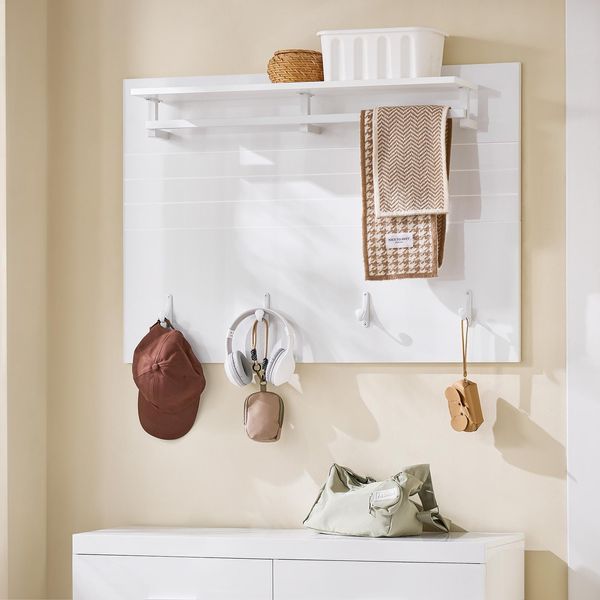 Sobuy FHK36-W Appendiabiti A Parete Appendiabiti Con Ripiano E Ganci - Pannello Appendiabiti Salvaspazio Per Corridoio E Corridoio Bianco 100X70X20Cm Carico Massimo 30Kg-image