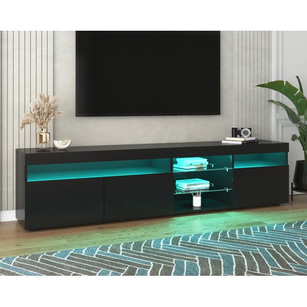 Fortuna Lai Led Tv Lowboard High Gloss Con Illuminazione A Led Incl. Telecomando, Mobile Tv Mobili Tv Tavolo Tv 180Cm Mobili Da Soggiorno, Nero-image