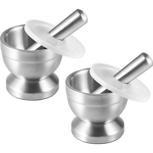 Set Di 2 - Mortaio In Acciaio Inox Con Pestello E Coperchio, Solido Mortaio Per Spezie Per La Cucina, Macina Erbe A Prova Di Rottura, Macina Spezie Antiscivolo Per Erbe - Spezie, Frantuma Pastiglie, Mortaio Per Pastiglie-image