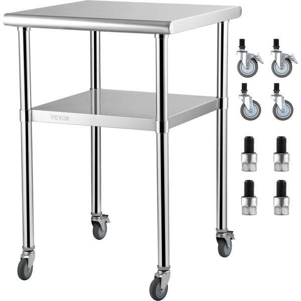 Vevor Tavolo Commerciale In Acciaio Inox 61 X 61 X 91,4 Cm, Tavolo Da Lavoro Mobile A Due Strati Per La Ristorazione 181,4 Kg + 91 Kg Di Capacità Di Carico, Tavolo Da Cucina Commerciale, Tavolo Di Preparazione Mobili Da Cucina-image