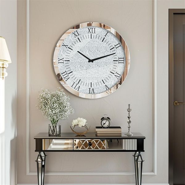 Wisfor Orologio Da Parete 60 Cm, Orologio Decorativo Rotondo, Orologio Da Cucina Atmosphera, Orologio Da Ufficio, Numeri Romani Silenziosi, Vetro, Argento-image