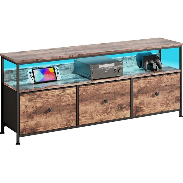 Mobile Tv Fortuna Lai 137 Cm - Look Legno Tigrato Con Cassetti In Tessuto Vintage, Illuminazione Led, Piedini Regolabili In Altezza, Struttura In Ferro, Truciolato E1-image
