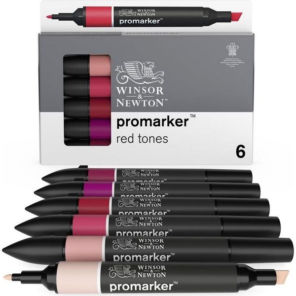 Winsor & Newton Promarker Pennarelli Ad Alcool A Punta E Scalpello, 6 Pezzi Toni Rossi-image
