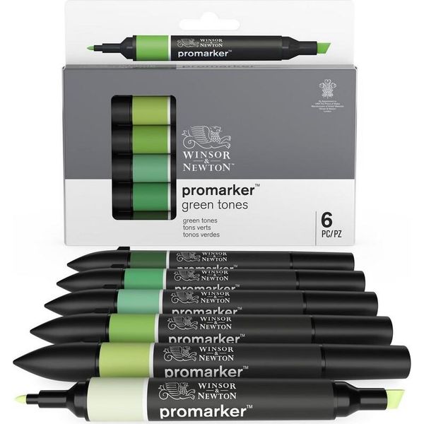 Winsor & Newton Promarker Marcatori Fini E A Scalpello, 6 Pezzi Toni Verdi-image