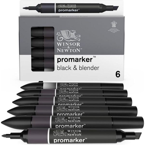 Winsor & Newton Promarker Marcatori Ad Alcol Fine E A Scalpello, 6 Pezzi Nero + Blender-image