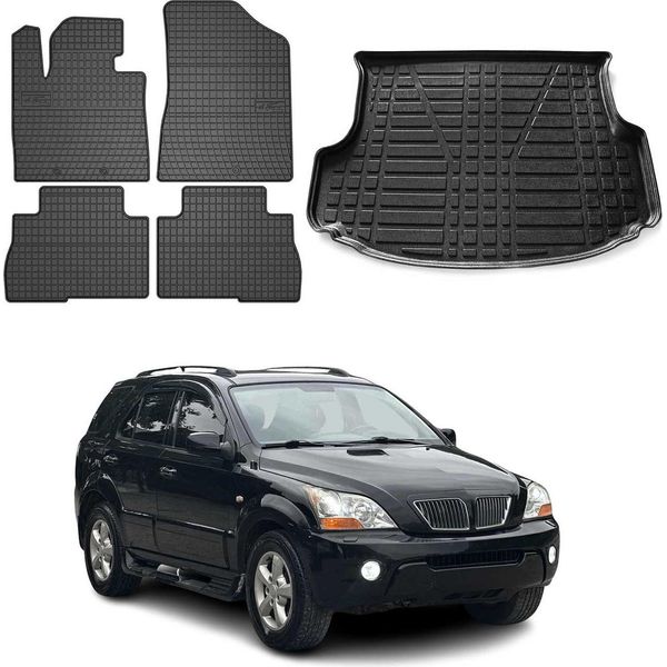 Set Di Tappetini E Fodere Per Il Bagagliaio Per Kia Sorento Lift 2009-2014 In Gomma Nera 5X-image