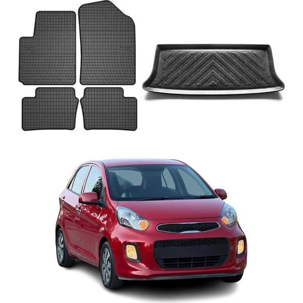 Set Di Tappetini E Rivestimento Del Bagagliaio Per Kia Picanto 5 Porte 2011-2017 5 Porte In Gomma-image