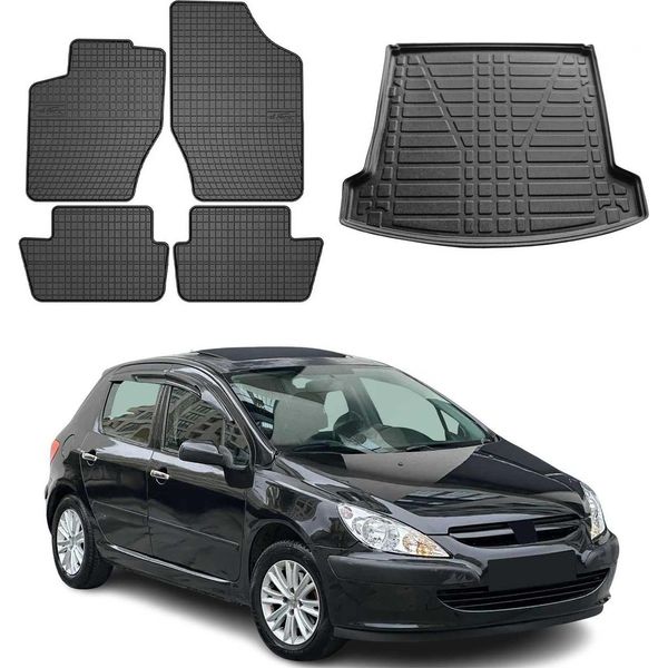 Set Di Tappetini E Rivestimenti Per Peugeot 307 2001-2009 In Gomma Tpe Nero 5X-image