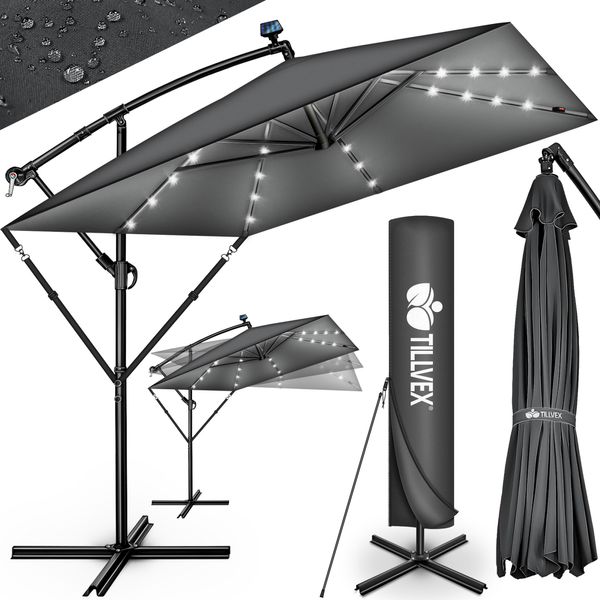 Tillvex® Ombrellone In Alluminio Rettangolare Ø 330 Cm Con Led Solare Antracite + Copertura Con Manovella | Ombrellone A Sbalzo Con Supporto E Frangivento | Ombrellone Da Giardino Protezione Uv, Impermeabile, Ruotabile A 360° | Ombrellone A Manovella Ombrellone Da Mercato-image