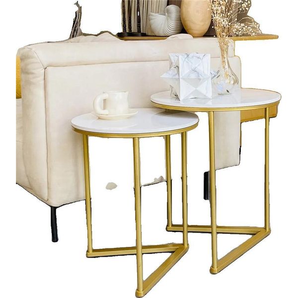 Tavolino, Set Inseribile, Marmo E Oro, Bianco-image