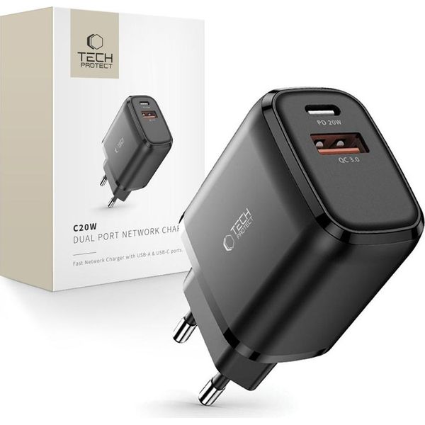 Tech-Protect C20W Caricatore Di Rete A 2 Porte Pd20W/Qc3.0 Nero-image