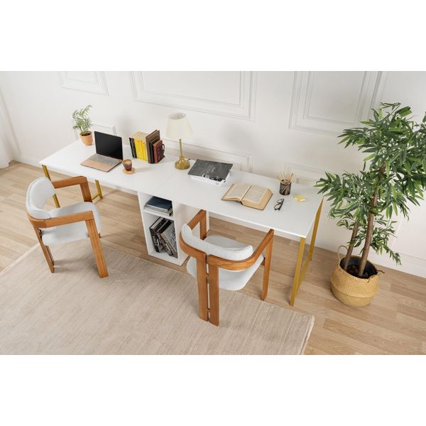 Skye Decor, Scrivania Per Studio Doppia - Bianco, Oro, Scrivanie, Bianco, 240 X 74 X 60 Cm-image