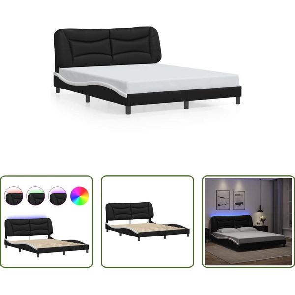 The Living Store Struttura Letto Con Led Bianco E Nero 160X200 Cm In Ecopelle-image