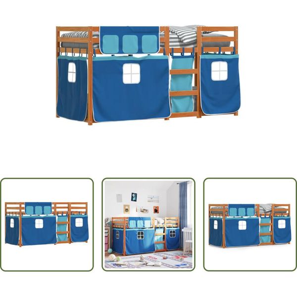 The Living Store Letto A Castello Con Tende Blu 80X200 Cm In Legno Di Pino Massiccio-image