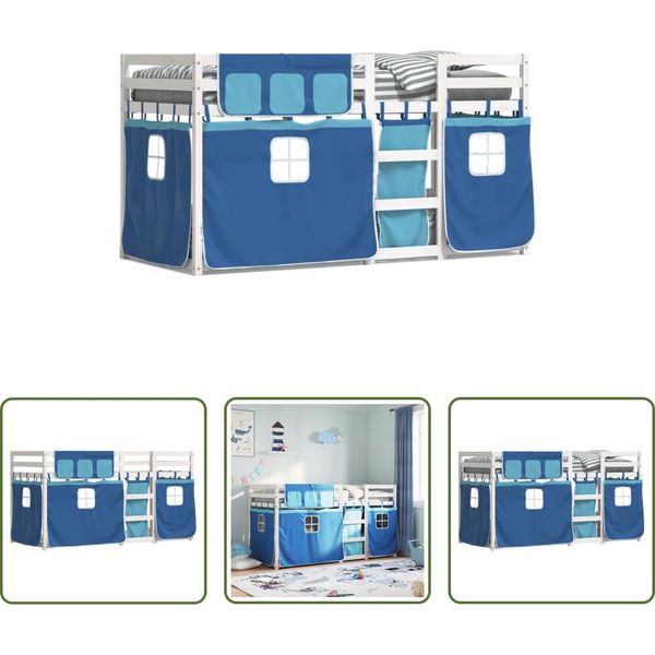 The Living Store Letto A Castello Con Tende Blu 80X200 Cm In Legno Di Pino Massiccio-image